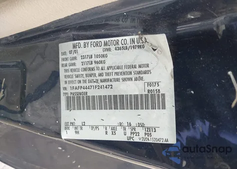 2001 Ford Mustang z USA, uszkodzony, nr VIN 1FAFP44471F241472